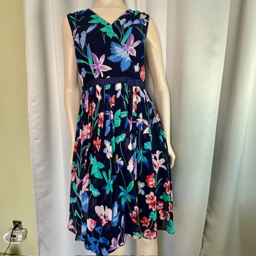 TALBOTS |Navy Floral Pleated Chiffon Surplice Neckline Sleeveless Dress Size 6P